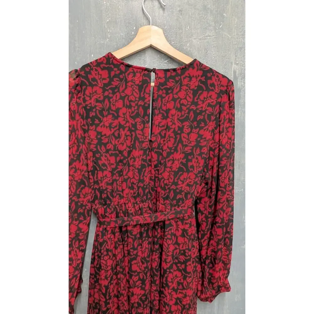 Torrid Black Red Midi Dress 00 Large V Neck sheer Balloon Sleeve Pockets - Picture 7 of 14